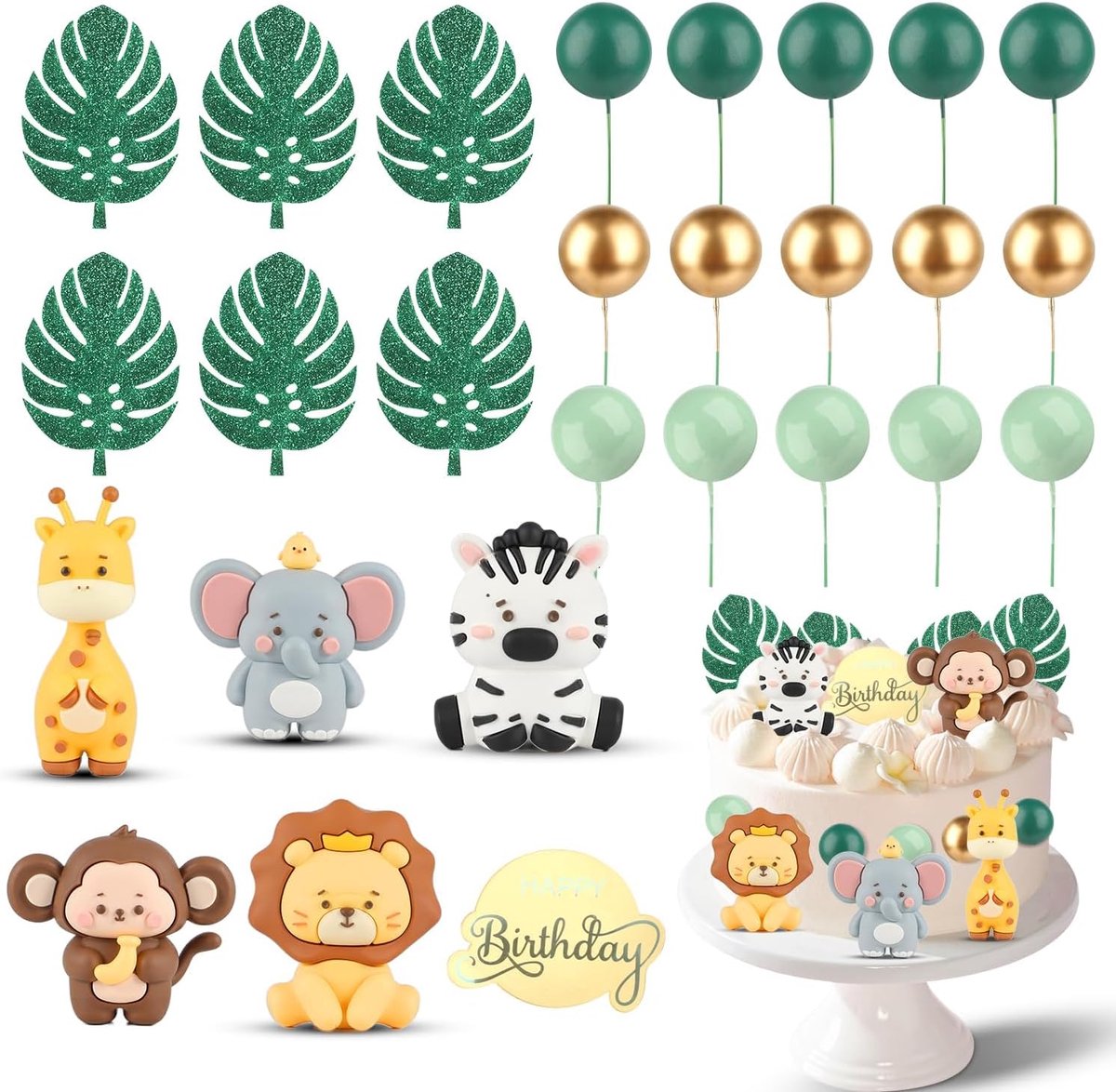 27 stuks safari dieren taarttoppers met bal decoraties jungle bos dier taart topper set jungle wild thema taart decoraties voor verjaardag baby shower jongen meisje feestdecoraties