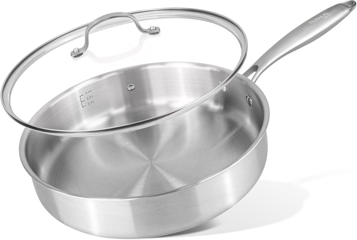 Nuovva Roestvrijstalen braadpan met glazen deksel - inductiekookplaat antiaanbakpan - 28 cm koekenpan
