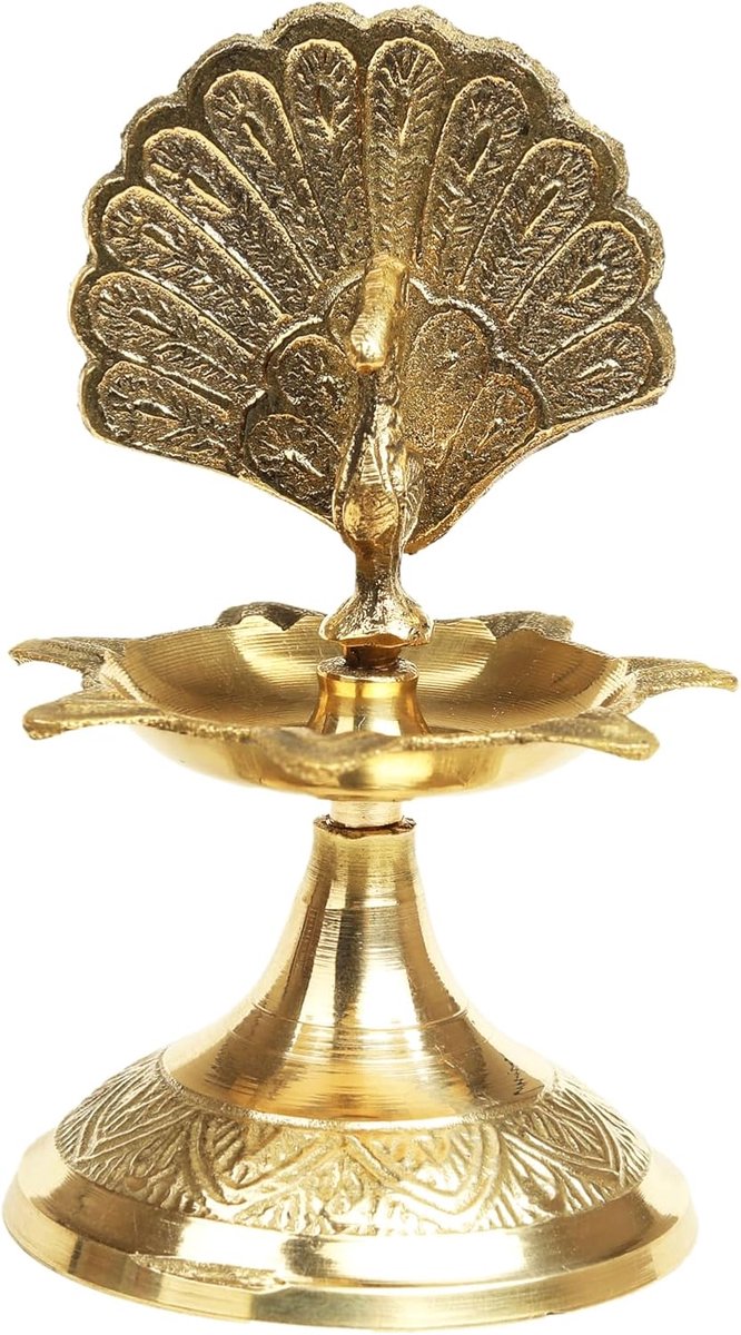 Diya Deepak Pooja Diya Peacock Design Pooja Item Religieus Messing Olie Lamp voor Pooja Aarti Diya Verlichting Pooja Kit Lantaarns Lampen Indiase Traditionele Festival Decor (Maat: -Hoogte