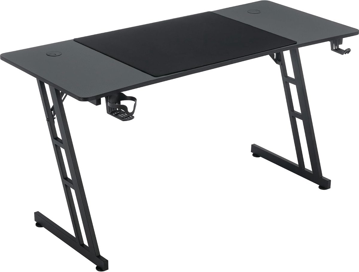 120 x 60 cm Gaming tafel, Z-Frame gaming bureau, computertafel met koolstofvezeloppervlak, ergonomische pc-tafel met hoofdtelefoonhaak en bekerhouder, zwart