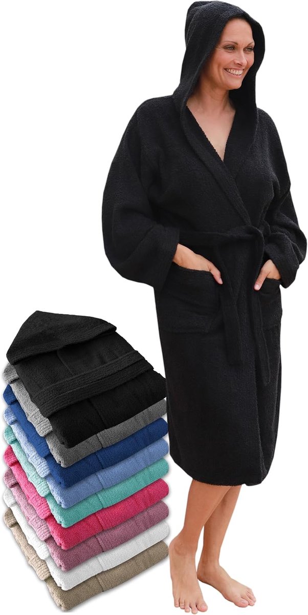 Damesbadjas met capuchon 100% katoen - Unisex badjas van badstof 450 g/m², met ceintuur en zakken, ideaal na douche, bad of zwembad