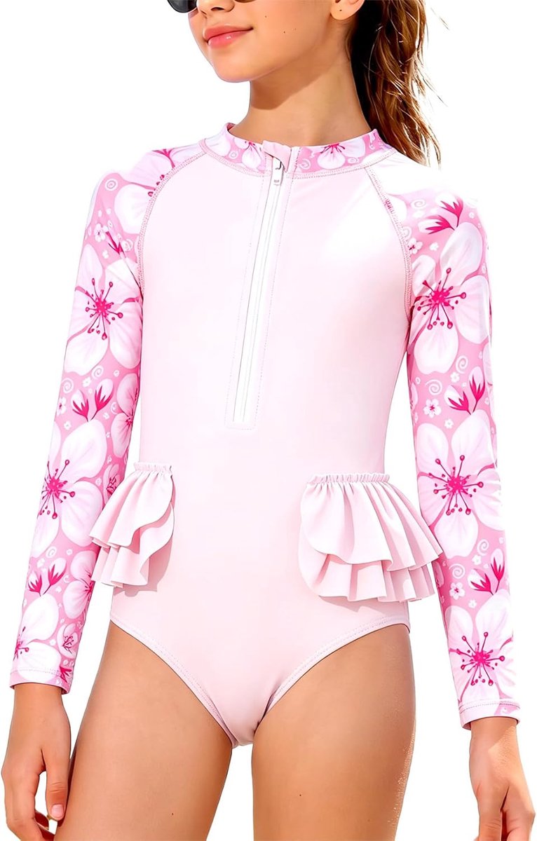 Badpak voor meisjes, eendelig, lange mouwen, ritssluiting, ruches, badmode, zomer, Rash Guards voor kinderen van 3-12 jaar, 98-158