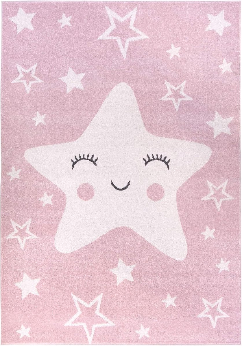 Tapis pour Les Enfants Happy Star Pink. Parfait pour la Chambre de bébé ou la Chambre des Jeunes. Quatre Tailles (80 x 150 cm)