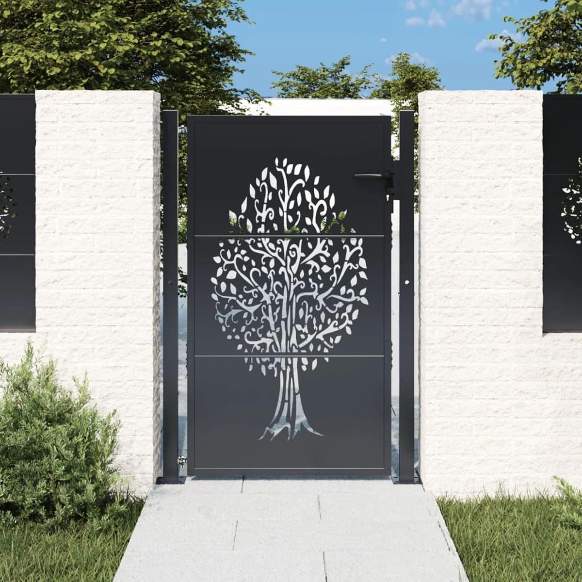Antraciet, staal, boomdesign, verzinkt en gepoedercoat, 105 x 130 cm, afsluitbaar met 3 sleutels, voor tuin en terras