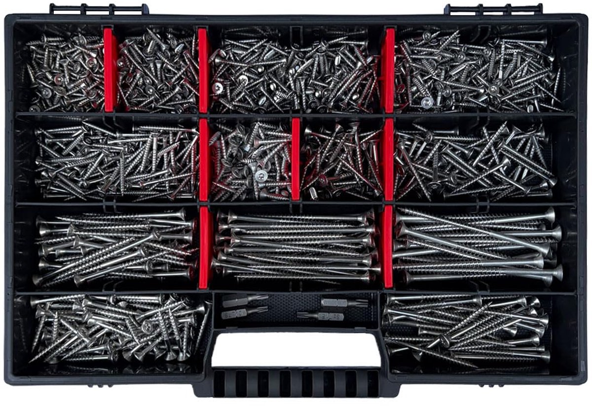 Roestvrijstalen schroevenset 1000 delen - V2A houtschroeven & spaanplaatschroeven 3x12 tot 4,5x80 - incl. 4 TX bits & assortimentskoffer - professionele kwaliteit