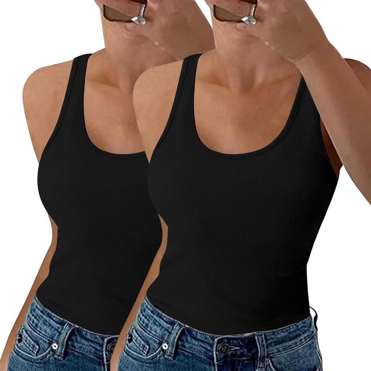 Tanktop voor dames, zomer, mouwloos, elegant, ronde hals, katoen, camisole, basic slim fit, gebreid, sexy, 2 stuks