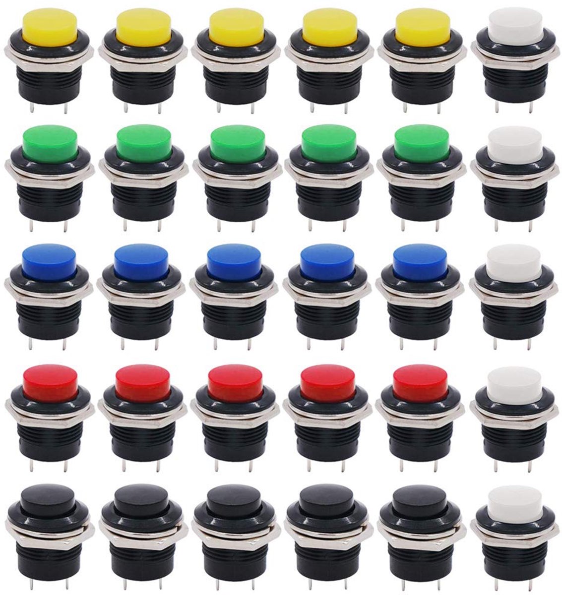 30 stuks premium 16 mm ronde hoge kop momentane drukknopschakelaar, 2-polige SPST kunststof, vergrendelloze 3 A 250 V AC / 6 A 125 V AC (6 kleuren)