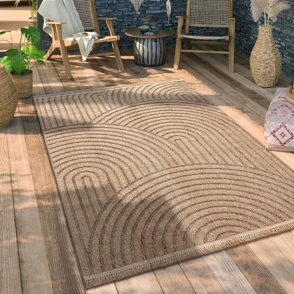 Home Buiten Vloerkleed Tapijt Voor Binnen En Buiten Balkon Terras Keuken Tapijt Boho Patroon Bloemen Geometrisch, Maat:80x150 cm, Kleur:Beige 3