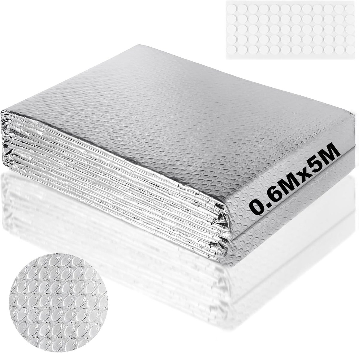 Reflectiefolie voor radiatoren, 5 m x 60 cm, 3 mm dikke isolatiefolie, dubbelzijdige aluminium luchtkussenfolie, thermische folie met kleefpads voor voertuigen, daken, ramen, buizen enz