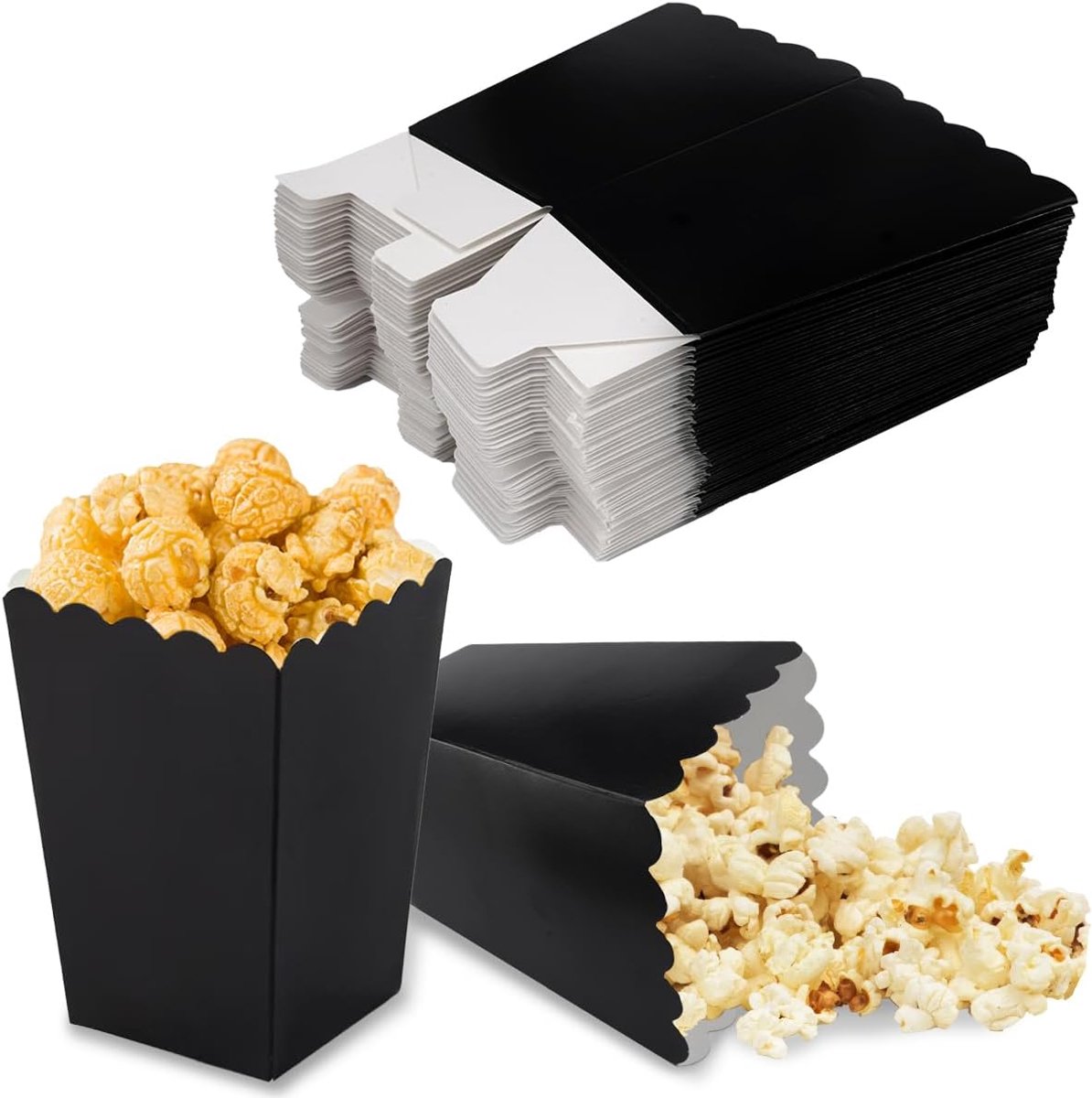 48 Stuks Zwart Papieren Popcorn Containers 5.5x7.5x11cm | Popcorndozen Kleine, Papieren Snackbakje Popcorn Dozen, Mini Popcorn Dozen voor Bioscoopsnacks, Retrofeestjes
