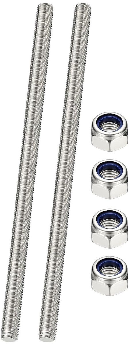 2 complete draadstangen, M10 x 250 mm, roestvrij staal 304, rechtse schroefdraad, lange stangen met moeren voor buisklemmen, houders, bevestigingen, U-bouten