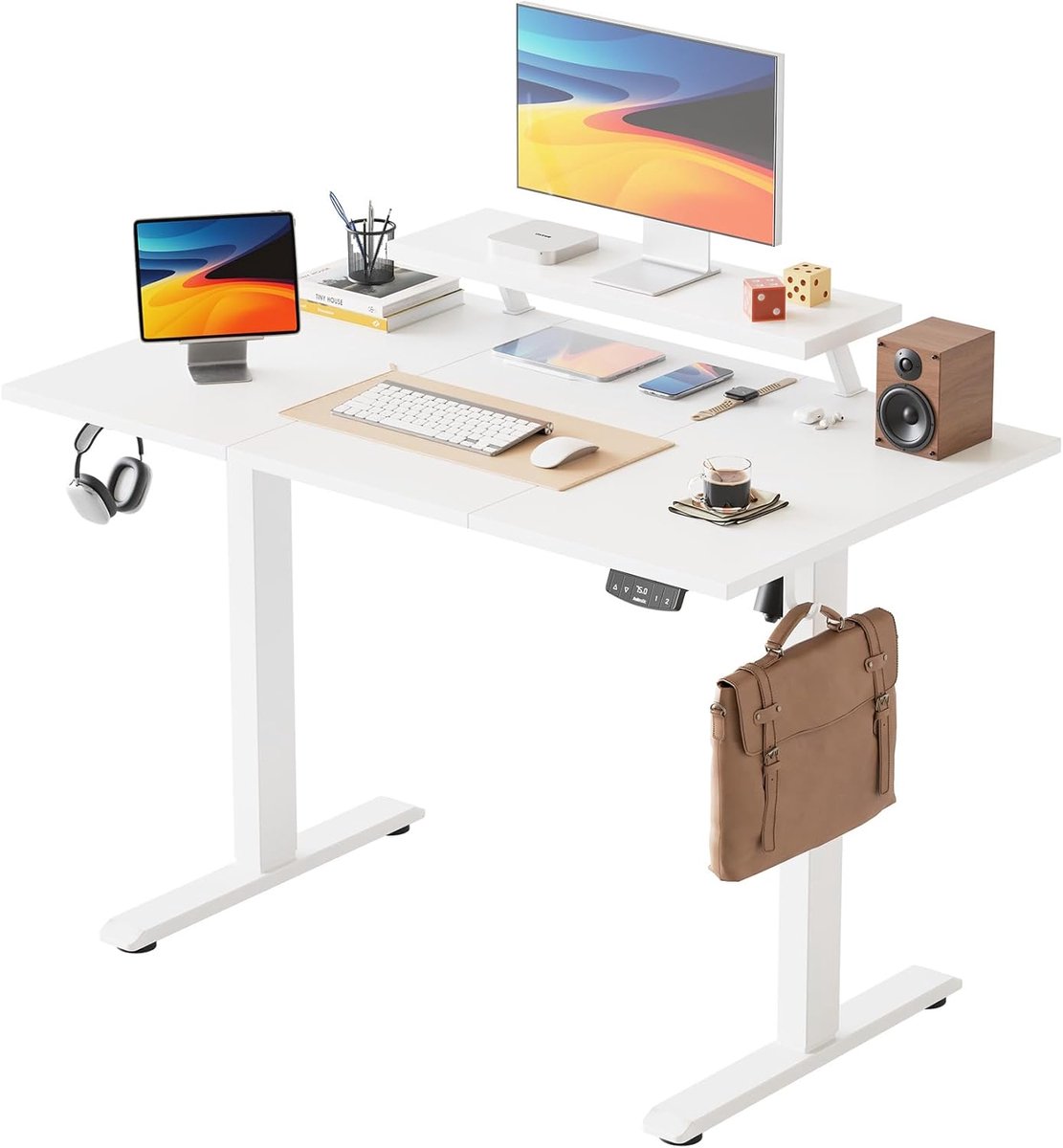 Elektrisch in hoogte verstelbaar bureau, 120 x 60 cm, met beweegbare monitorstandaard, sta bureau met 2 geheugentoetsen, 3-delig tafelblad, thuiskantoorbureau, wit