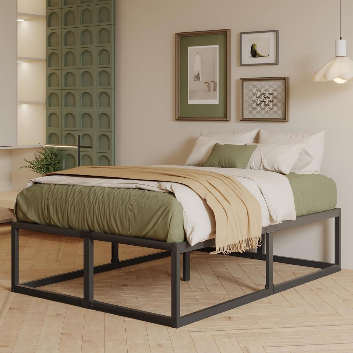 46 cm Hoge Bedframe 135x190 cm, Zwaar Belastbaar Metalen Platform Tweepersoonsbedframe met Stalen Lattenondersteuning, Grote Opslag Onder Bed, Geluidsvrij, Eenvoudige Montage, Zwart