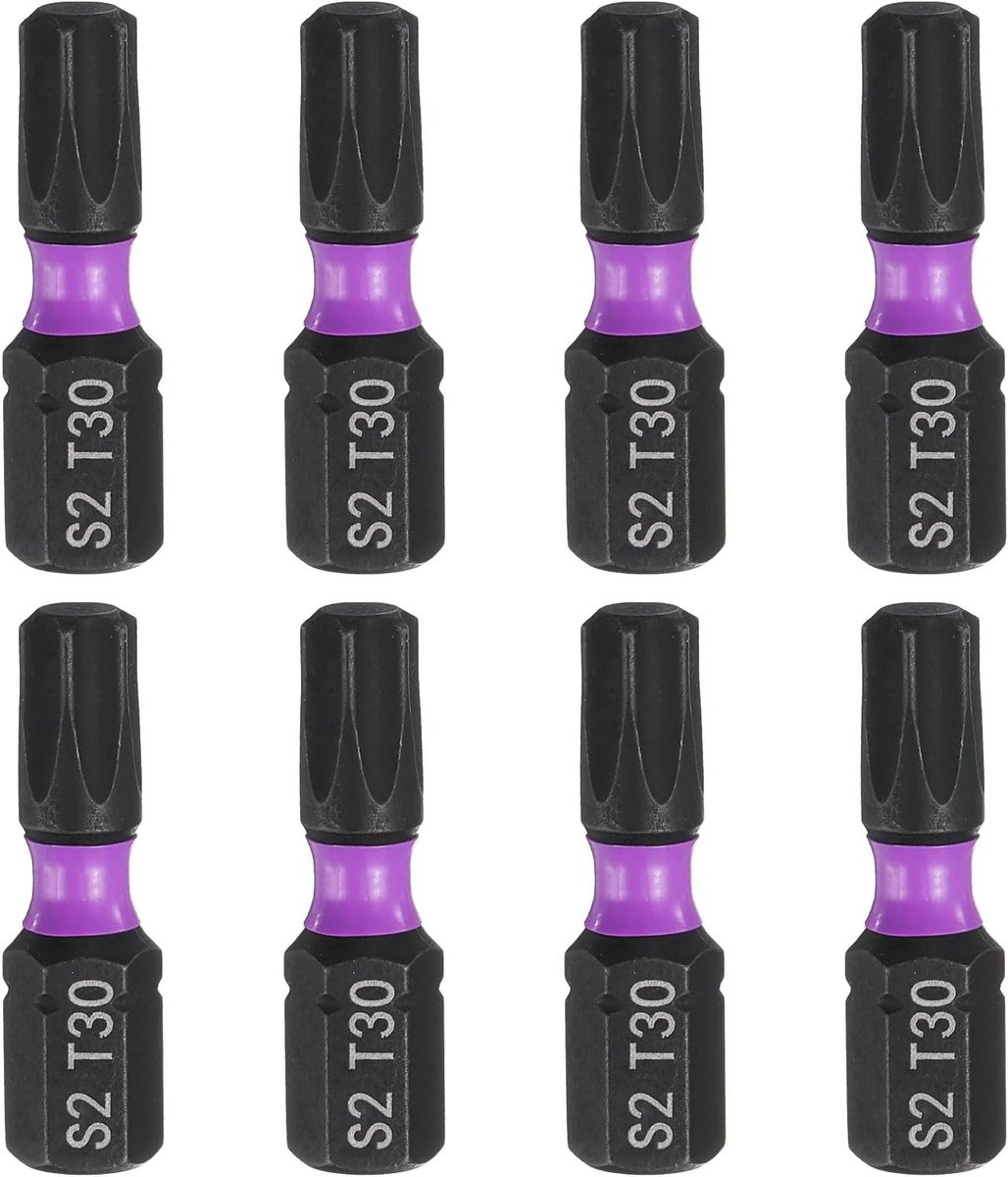 8 stuks T30 Torx schroevendraaierbit 1/4 inch zeskantschacht 25 mm lengte magnetische ster 6-punts kop zeskantige bits S2 stalen schroevendraaierbit elektrische boorbits