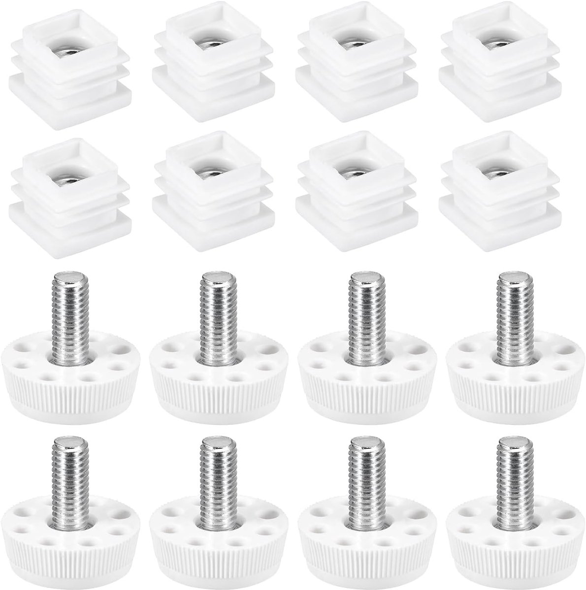 Meubelpoten nivelleringspoten, 8 sets, 20 x 20 mm, vierkant inzetstuk, beweegbaar verstelbaar, nivelleringsapparaat, M8 schroefdraad, moer, buis, bus, verduistering, eindkappen, inzetstuk