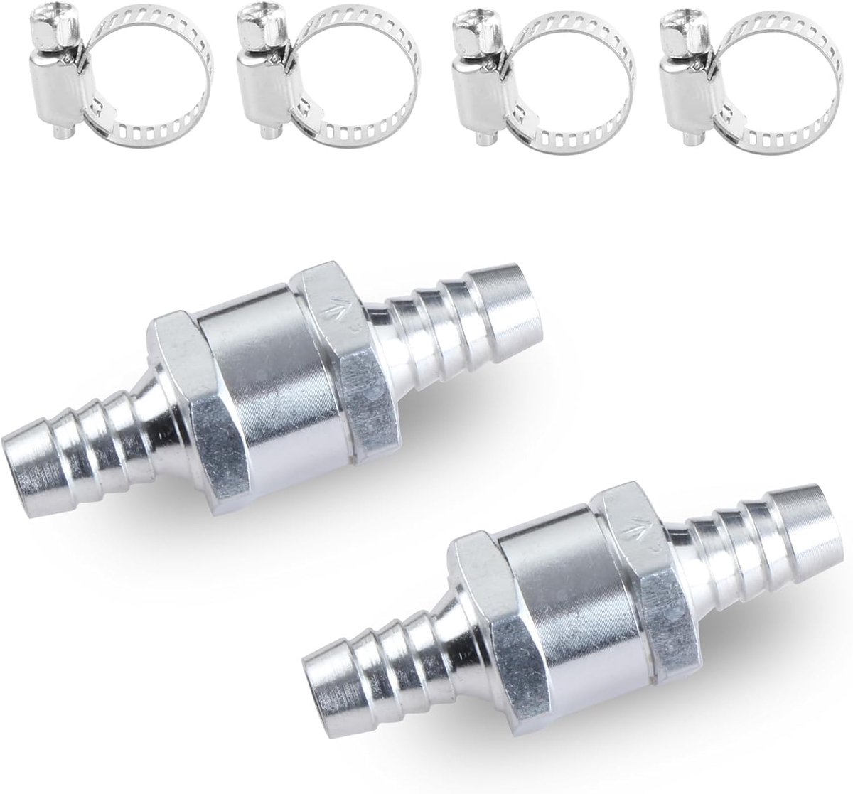 2 stuks 10 mm terugslagklep, aluminium terugslagklep, terugslagklep, brandstofslang, 4 klemklemmen voor water, aquarium, brandstof, lucht, vloeibaar gas