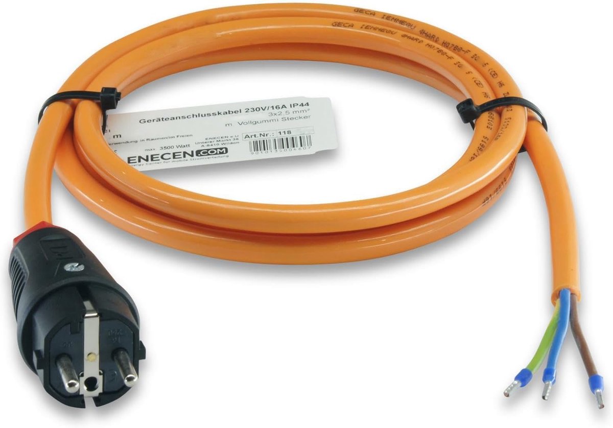 Aansluitsnoer 230 V/16 A IP44 - PUR H07BQ-F 3 x 2.5 mm² - rubberen stekker/free end - voor binnen en buiten gebruik - ShopVlot