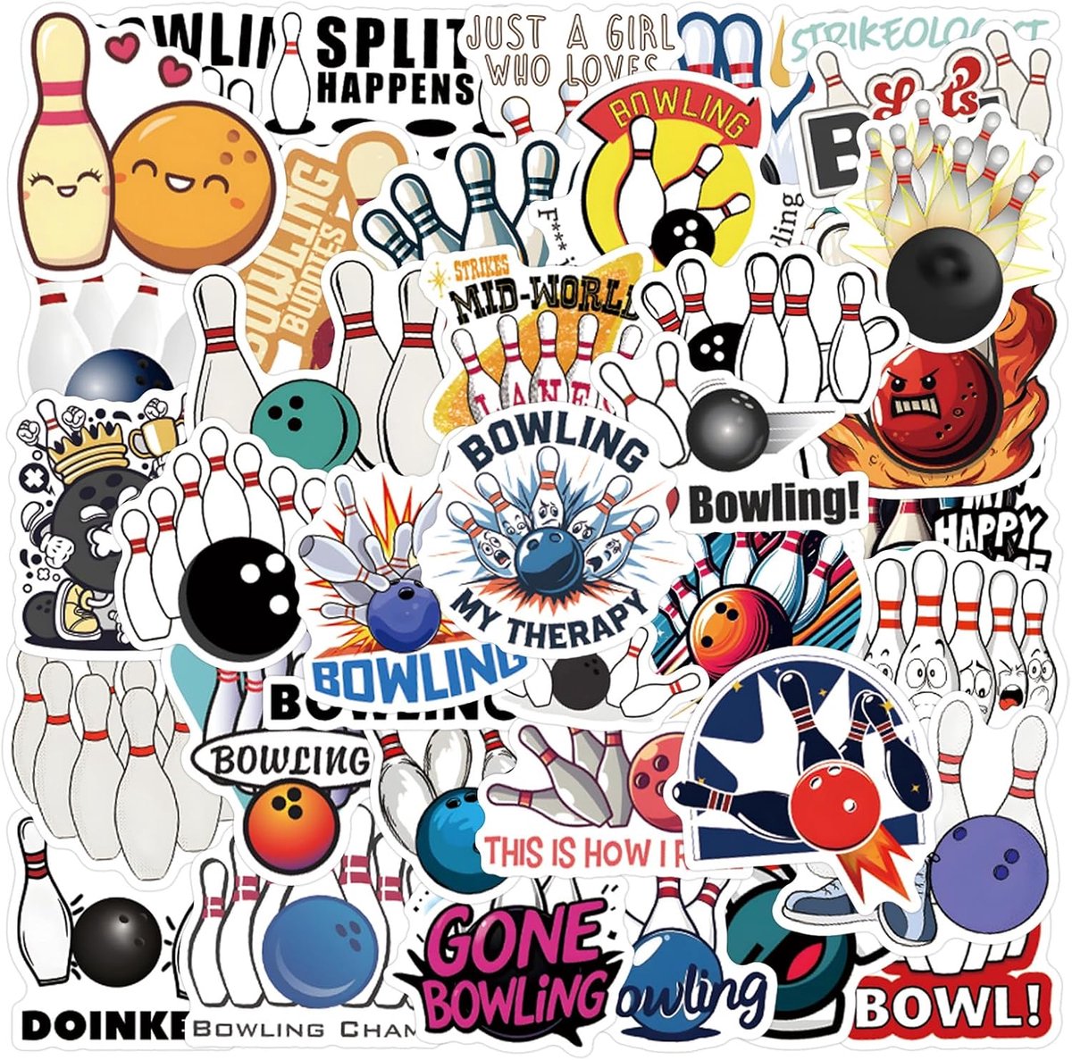 Bowling stickers set van 50 - vinyl - grappige ontwerpen - ideaal voor personalisatie - ShopVlot