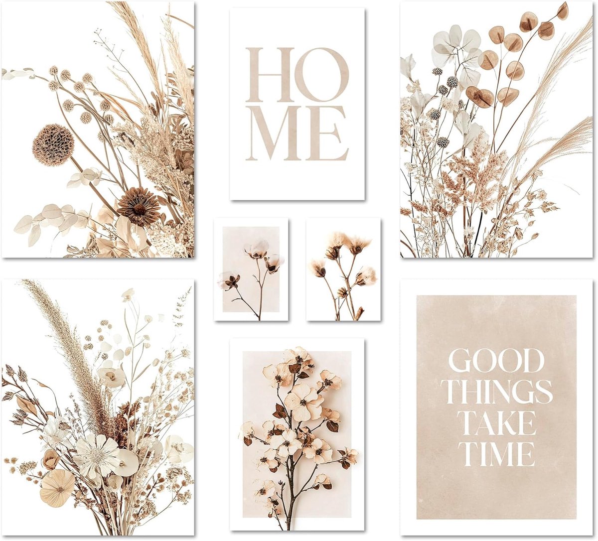 Poster set - beige gedroogde bloemen - 8 moderne wanddecoraties - ideaal voor woonkamer en slaapkamer - ShopVlot