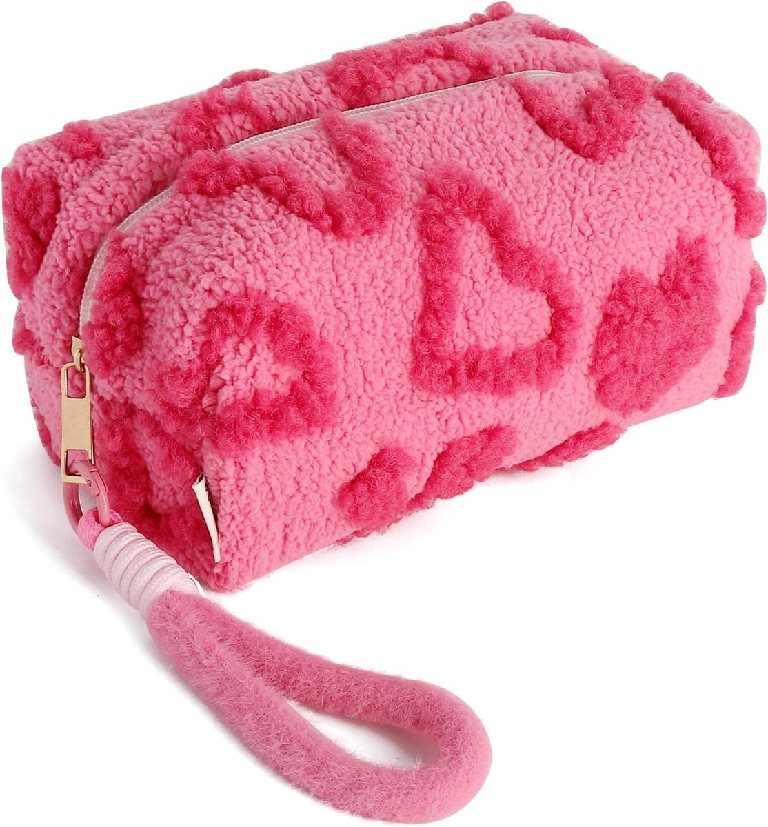 Make-Uptas Rozerood 19x13x10 cm - Pluche Met Ritssluiting - Hartvormig Patroon - Perfect Reiscadeau - ShopVlot