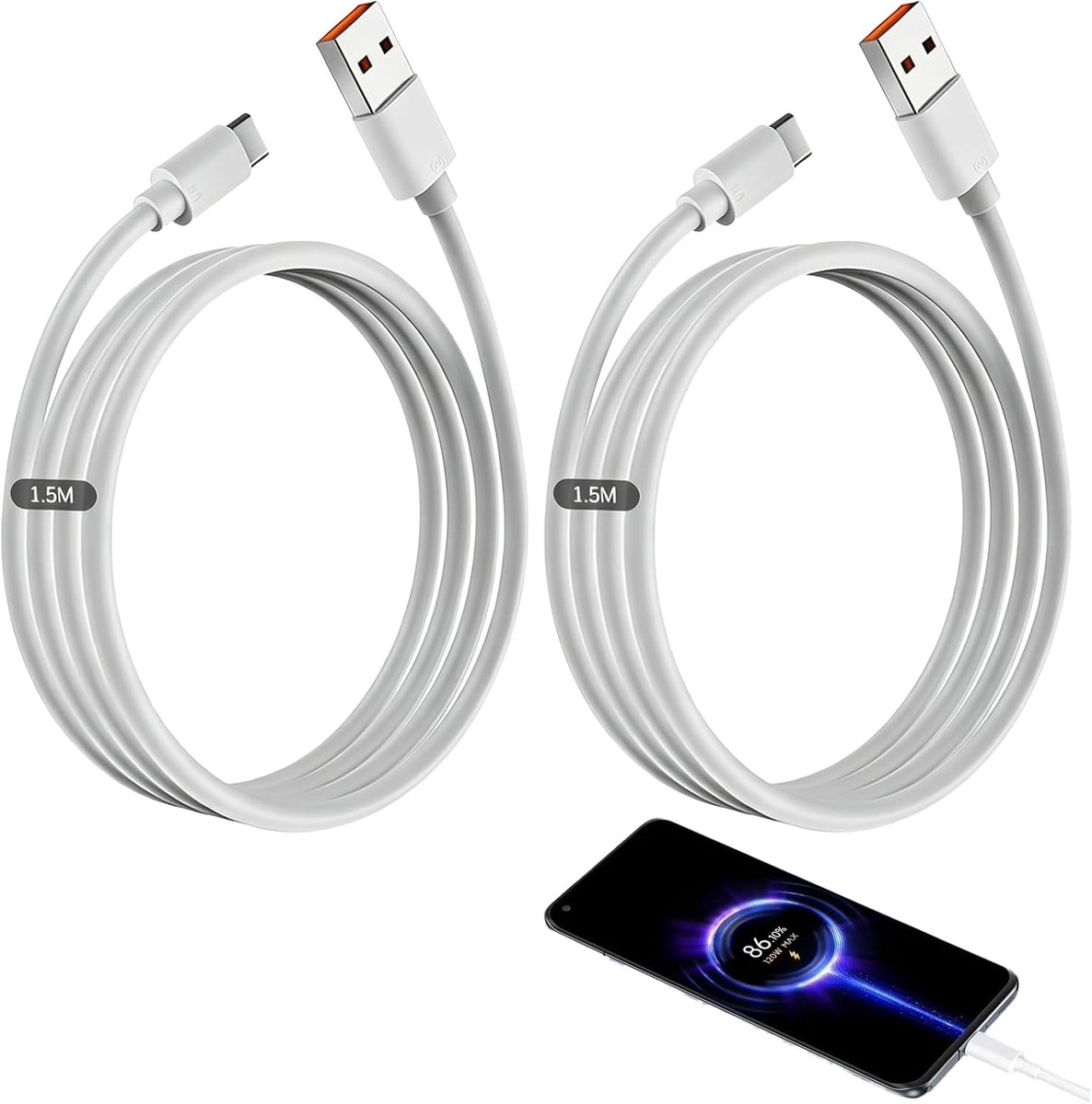 USB-C-kabel 2-pack 1,5 m - 120W snelladen - 6A laadvermogen - ideaal voor snelle oplading - ShopVlot