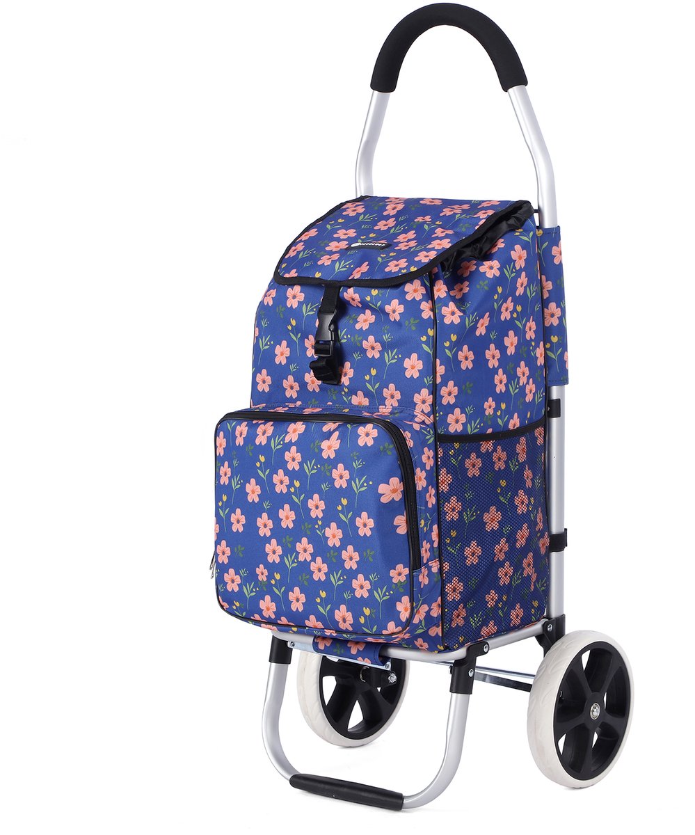 Packaway Boodschappentrolley 45L met Koelvak - Boodschappenwagen met Grote Wielen - Steekwagenfunctie - Waterafstotend - Blue Blossom