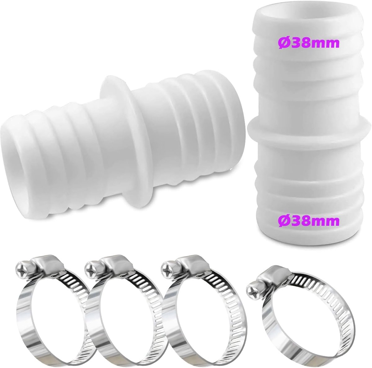 Hose Connector 38 mm - Set van 2 Poolconnectoren - Inclusief 4 RVS Slangklemmen - Duurzaam en Betrouwbaar - ShopVlot