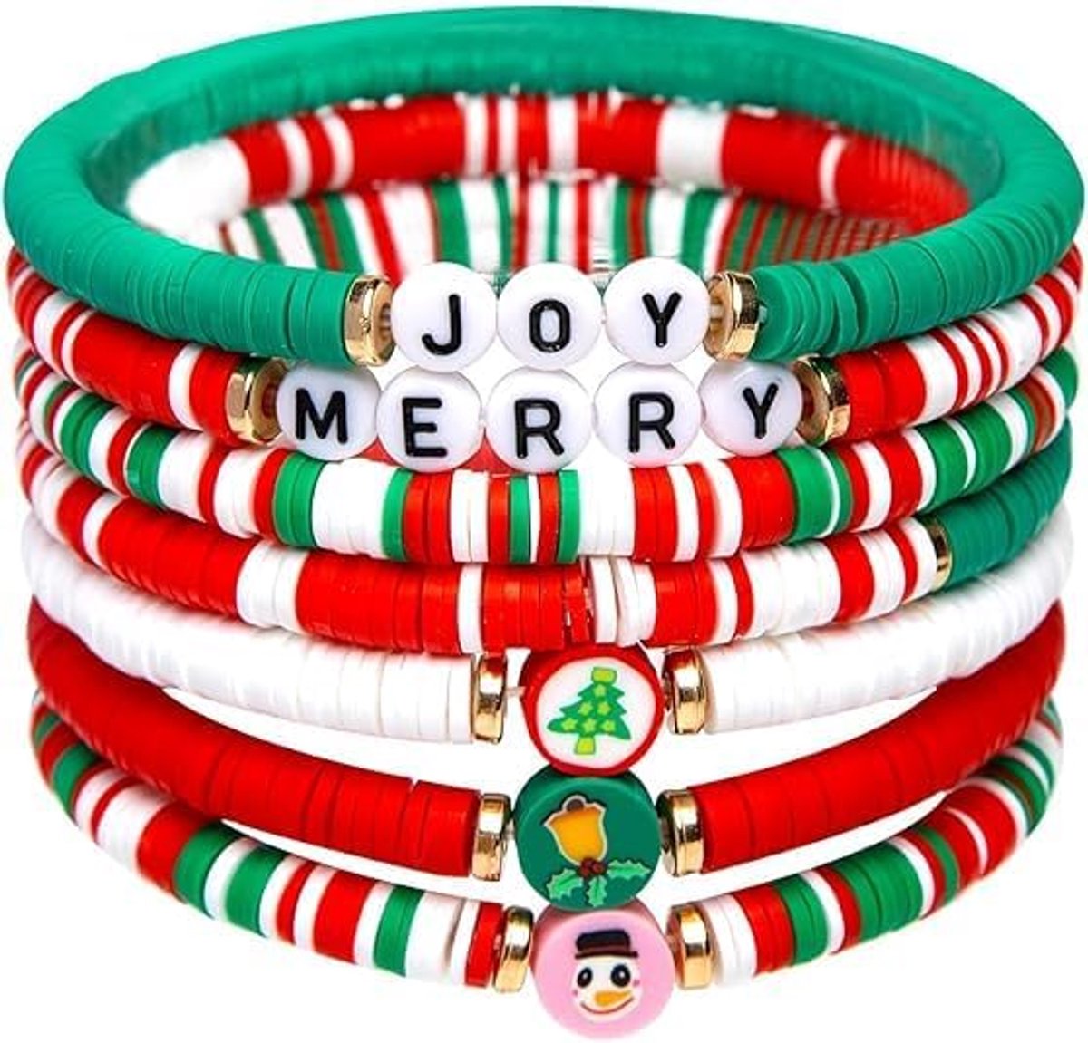 Kerstarmbanden set van 6 - stapelbare feestelijke armbanden - rendieren en sneeuwmannen - perfect als kerstcadeau - ShopVlot