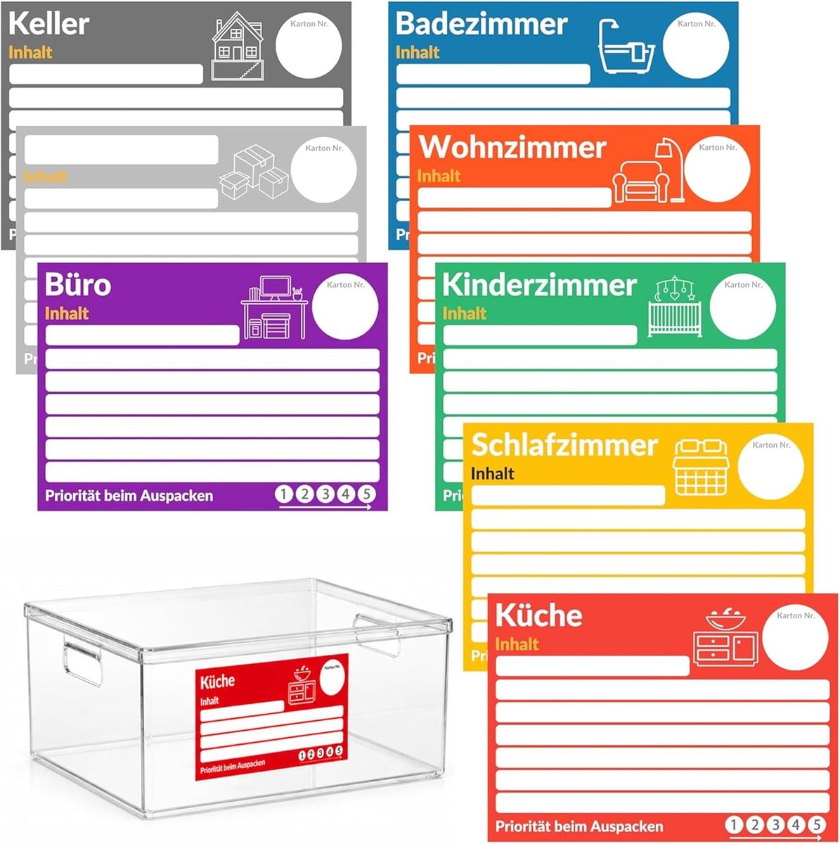 Verhuism labels 80 stuks - 15x10 cm - zelfklevend - kleurgecodeerd voor snelle organisatie - ShopVlot