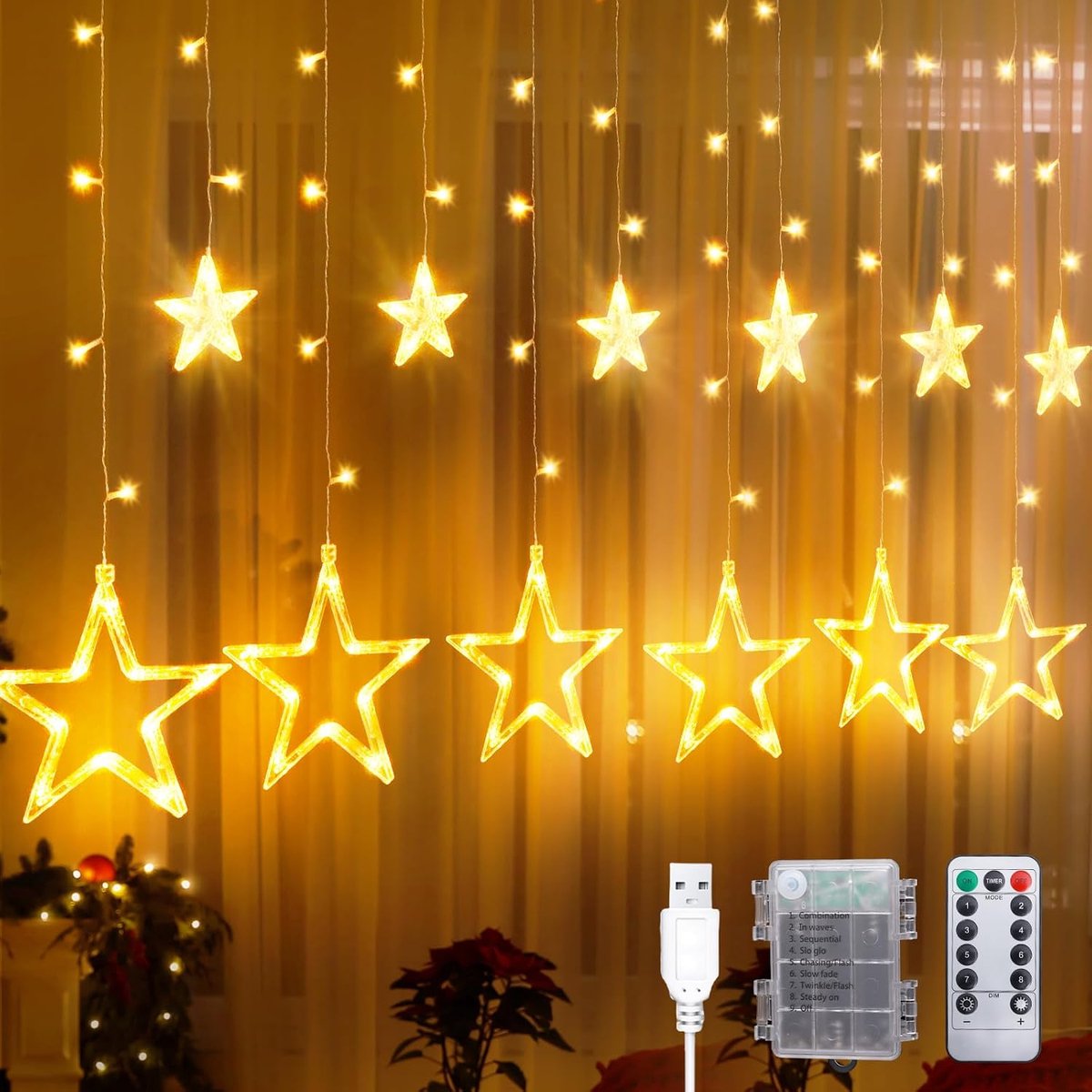 Kerstlichtgordijn 2,5 m - 12 Sterren met Timer - Warm Witte Fairy Lights - Creëer een Feestelijke Sfeer - ShopVlot