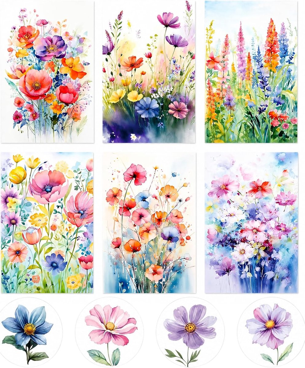 Blanco groetkaarten set - 24 stuks - aquarel bloempatroon - inclusief enveloppen en stickers - ShopVlot