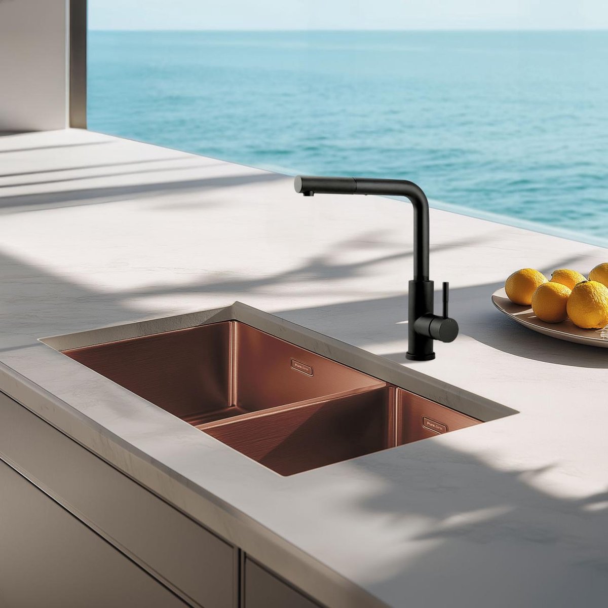 Pure.Sink Comfort 1,5 anderhalve PVD rose koperen spoelbak 34+18 cm grote bak links PCM341840-62