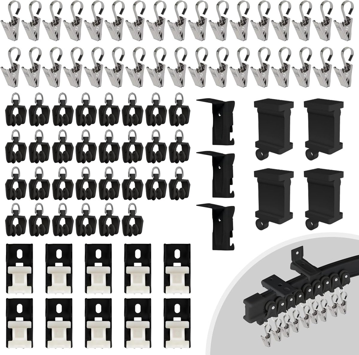 Gordijnrail accessoires 81-delig - zwart - compleet met clips en houders - eenvoudig te monteren - SnelShoppen