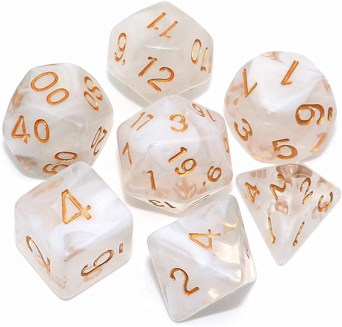 DND dobbelstenen set 7 stuks - transparant mix witte wolk - polyhedraal dobbelstenen - ideaal voor rollenspellen - SnelShoppen