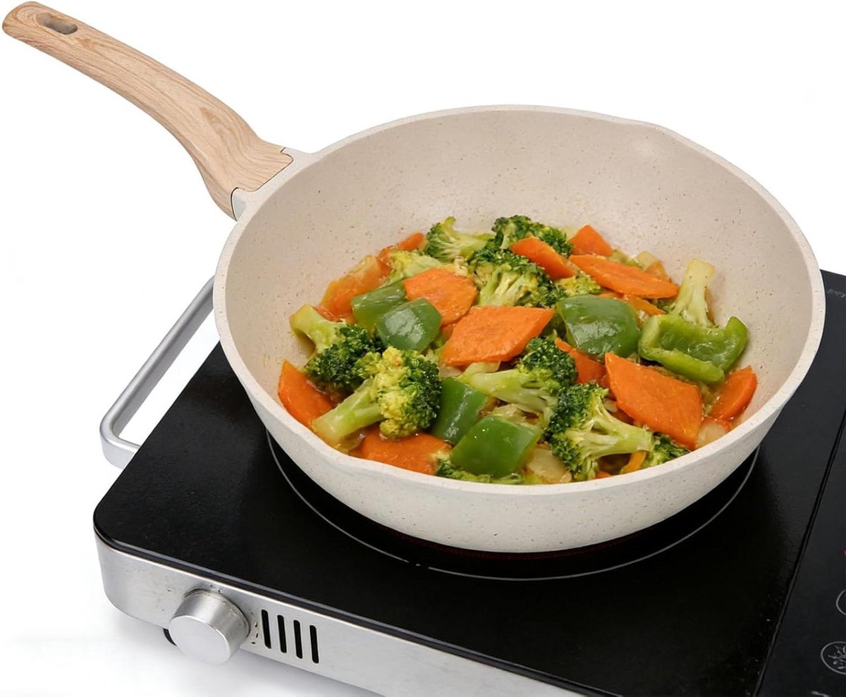 Frituurpan met Anti-aanbaklaag - Koekenpan Sauteerpan - Gezinsmaaltijden Bereiden - Maifan Steencoating - 28 cm - Zwart