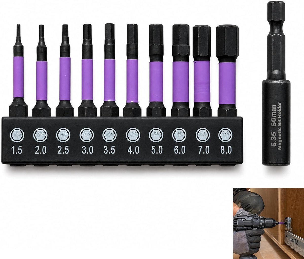 Zeskantbitset 11-delig - 10 stuks 50 mm inbusbits H1,5-H8 - met 60 mm verlenging - ideaal voor schroefwerkzaamheden - ShopVlot