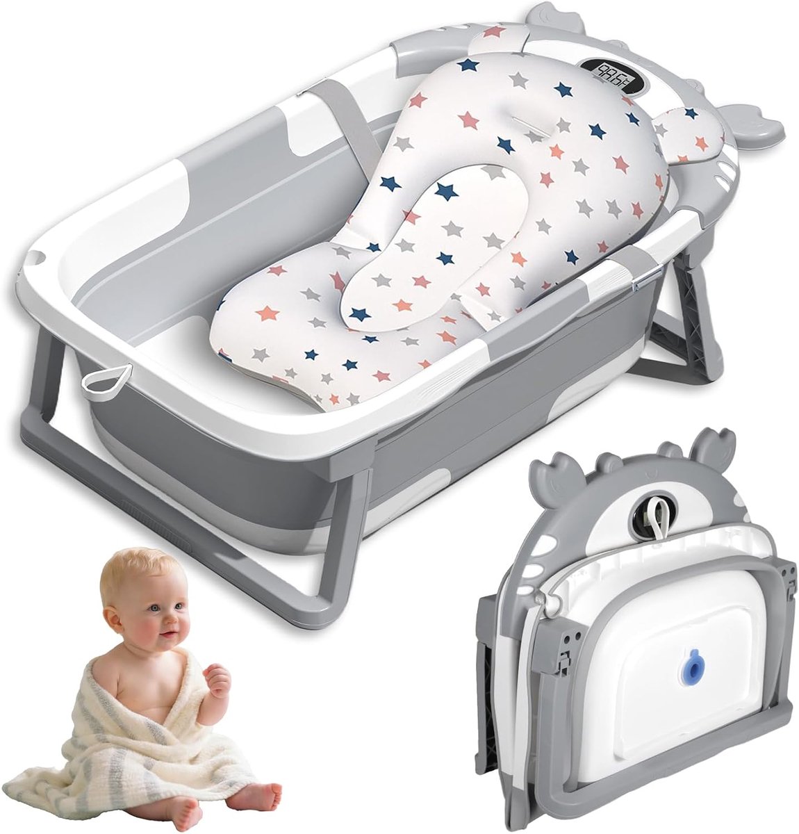 Babybadje opvouwbaar met thermometer - grijs - veilig en zacht voor de huid - ideaal voor baby’s van 0-36 maanden - ShopVlot