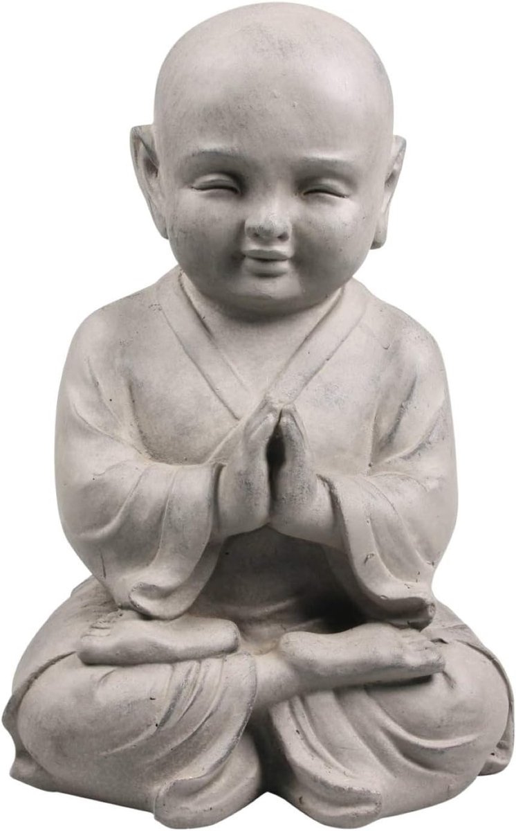 Praying Monk Statue - Lichtgrijs - Aged stone effect - Perfect als tuin ornament - ShopVlot