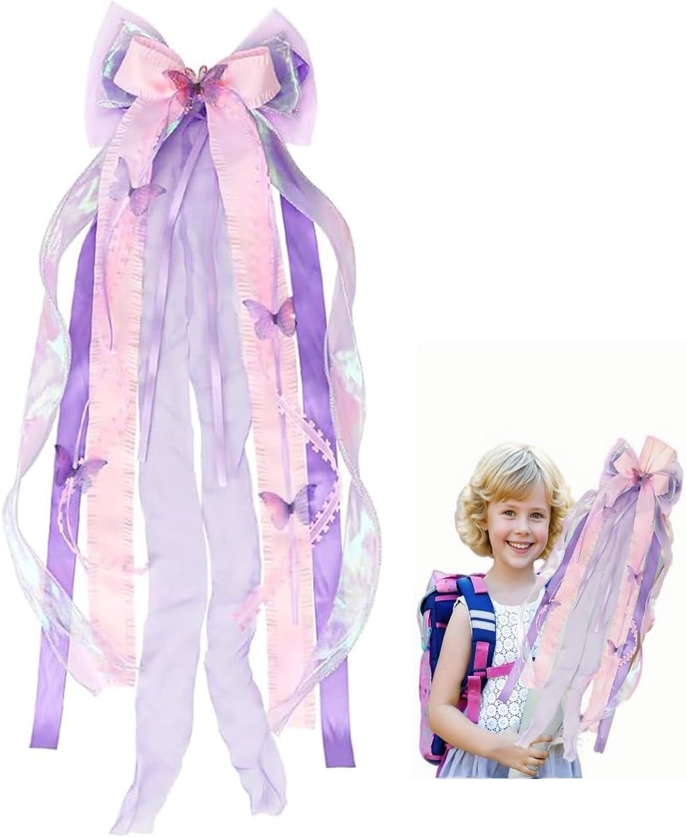 Snoer voor schooltas - decoratief vlinderlint 60 x 20 cm - organza en satijn - elegante versiering voor schooltas - ShopVlot