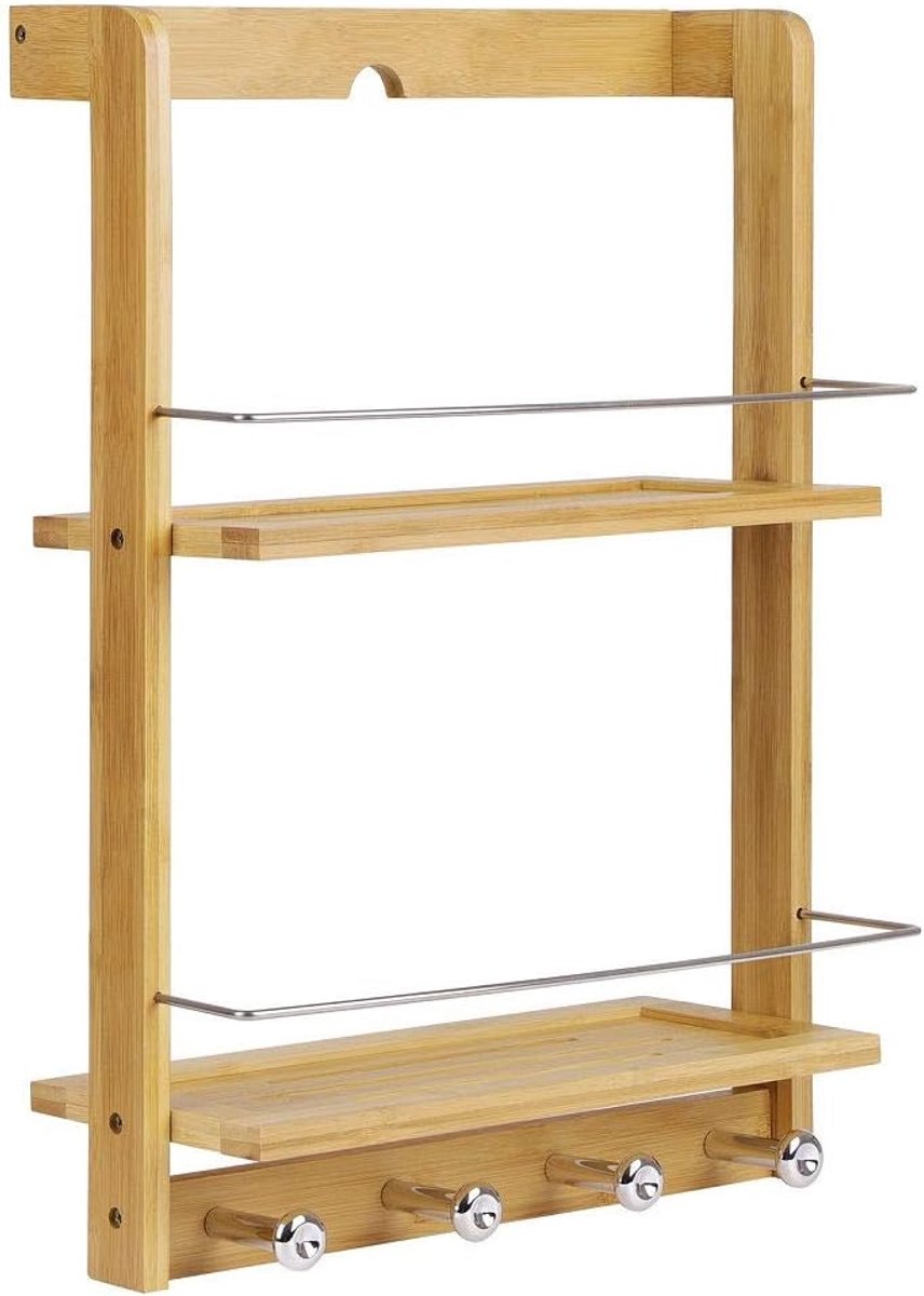 Hangende badkamerplank met 2 planken - gemaakt van bamboehout - met 4 handdoekhaken - ruimtebesparend en stijlvol - SnelShoppen