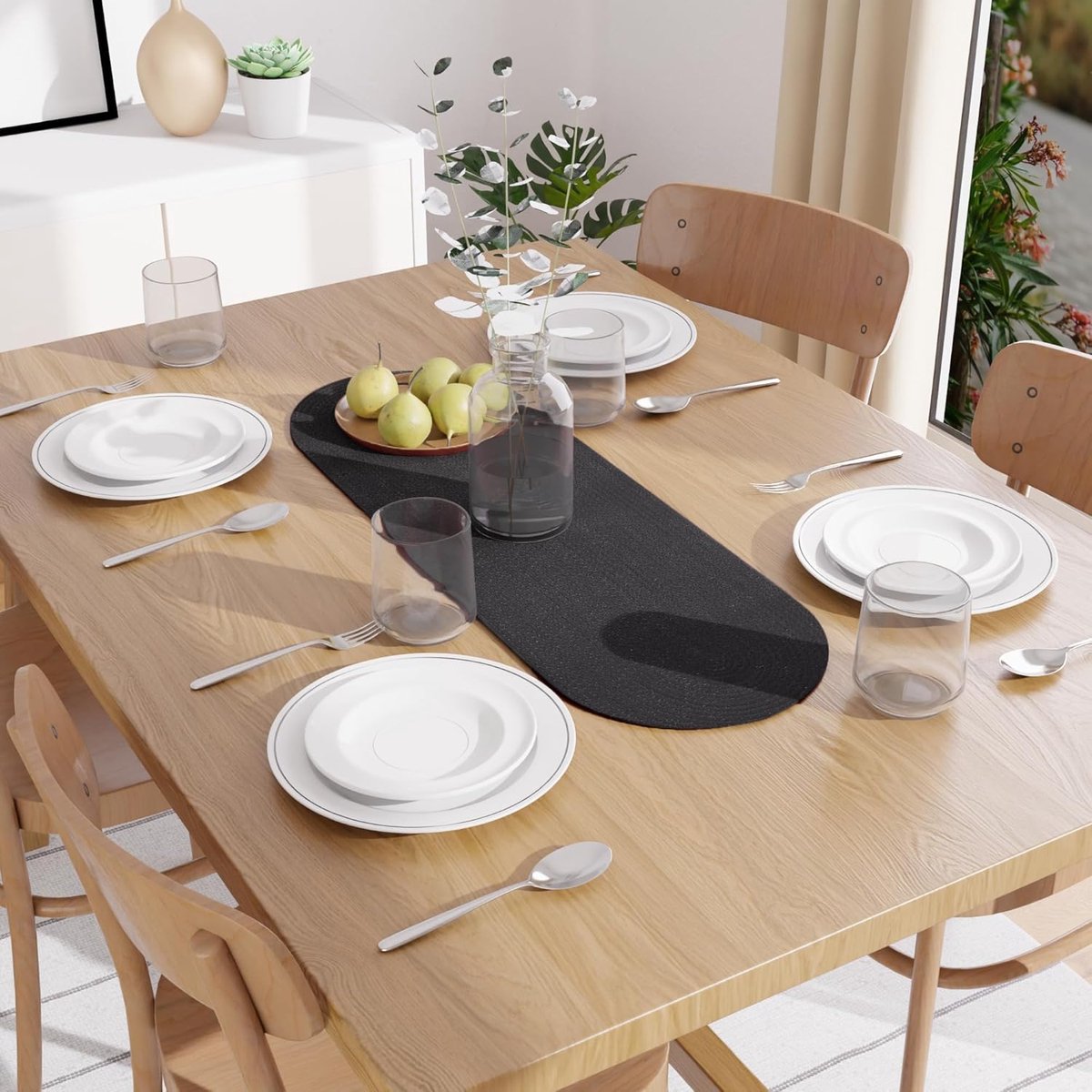 XO tafelloper | Handgemaakt geribbeld design van katoen | 30x91 cm | Zwart | Voor koffie- en salontafel