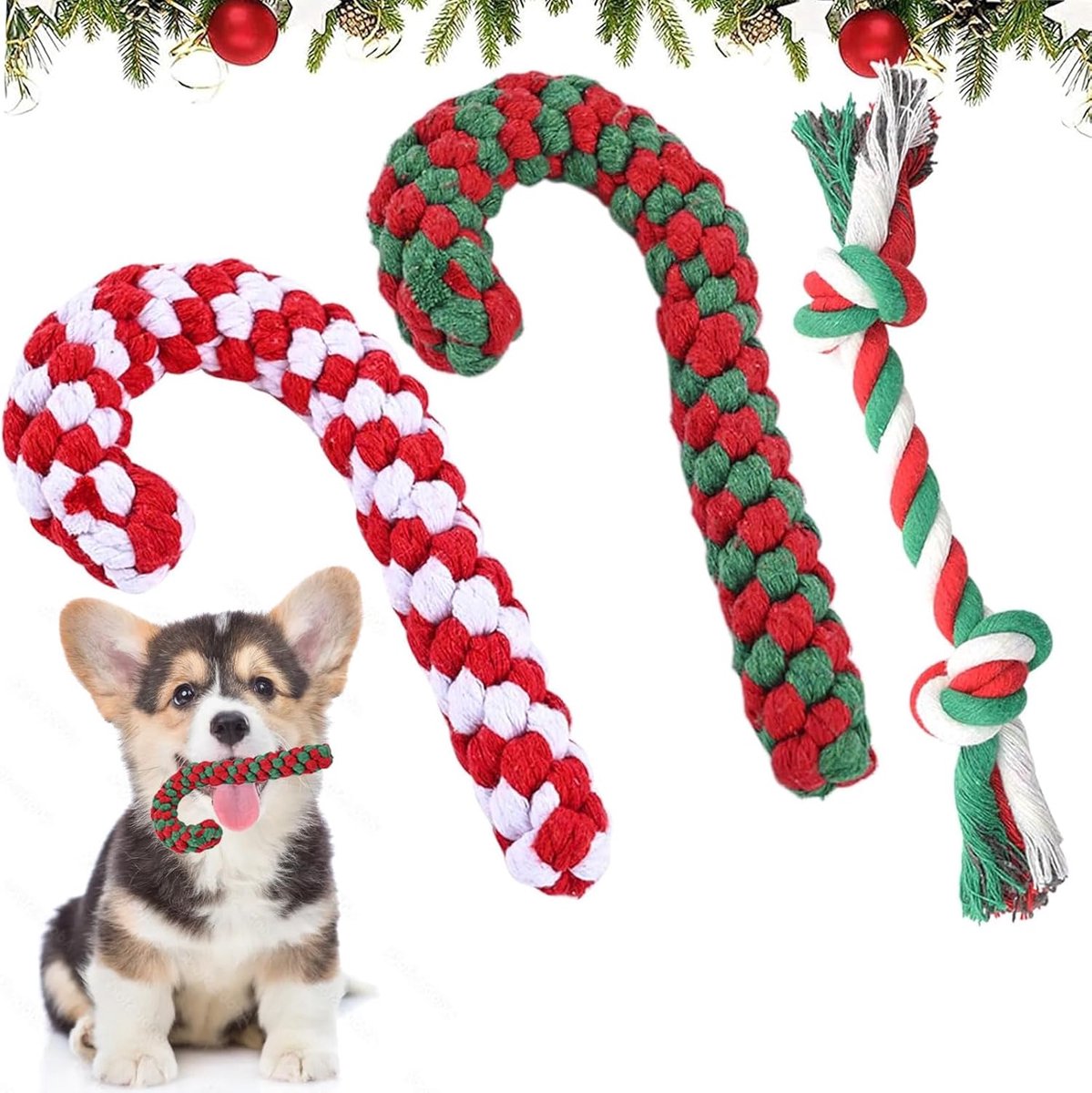 - Hondenspeelgoed, Kerstmis, 3 stuks, adventskalender, suikerstok, hondenspeelgoed