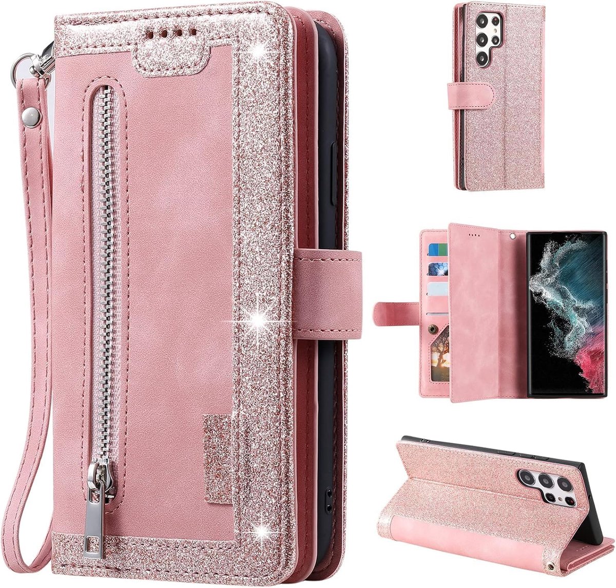Hoes voor Samsung Galaxy S23 Ultra, vintage, ritssluiting, mobiele telefoonhoesje, PU-leren klaphoes, siliconen bumper met 9 kaartvakken, standaardfunctie, portemonnee, draagband,