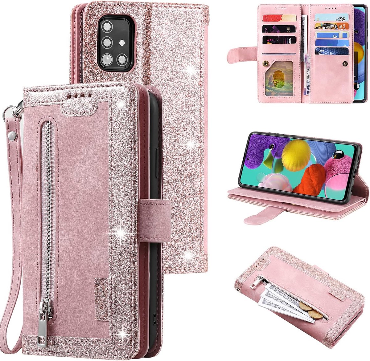 Hoesje voor Samsung Galaxy A52 4G/5G, A52S 5G, retro ritssluiting, mobiele telefoonhoesje, PU-leren telefoonhoesje met 9 kaartvakken, standaardfunctie, portemonnee, draagband, beschermhoesje, fliphoesje, roségoud