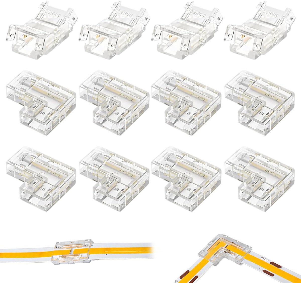 12 stuks ledstrip-connectoren, ledstrip-connectoren, 2-polig, 8 mm, transparante strip, verbinding, soldeervrij, 8 stuks, L-vorm, hoekverbinders en 4 stuks middenverbinders, kabelverbinders voor COB