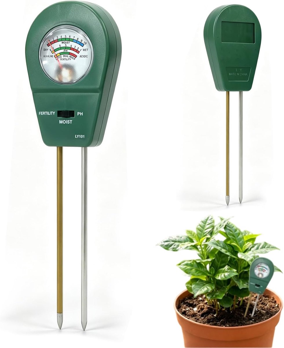 3-in-1 bodemtester, meter voor pH-waarde, bodemvochtigheid en voedingsstoffen, bodemvochtigheidsmeter voor tuin, boerderij, gazon en kamerplanten, werkt zonder batterijen
