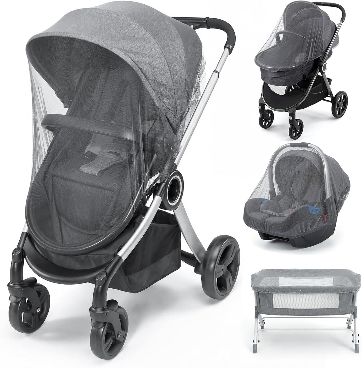 2 stuks insectenbescherming voor kinderwagens, universeel klamboe voor kinderwagens met elastische rand, scheurvast, tegen vreemden, ademend en stabiel, kinderwagen accessoires, eenvoudige bevestiging
