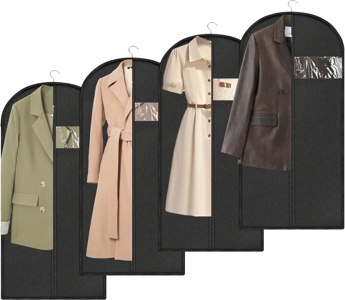 4 stuks kledingzakken, 120 x 60 cm, zwart, kledingzakken voor het opbergen van kleding