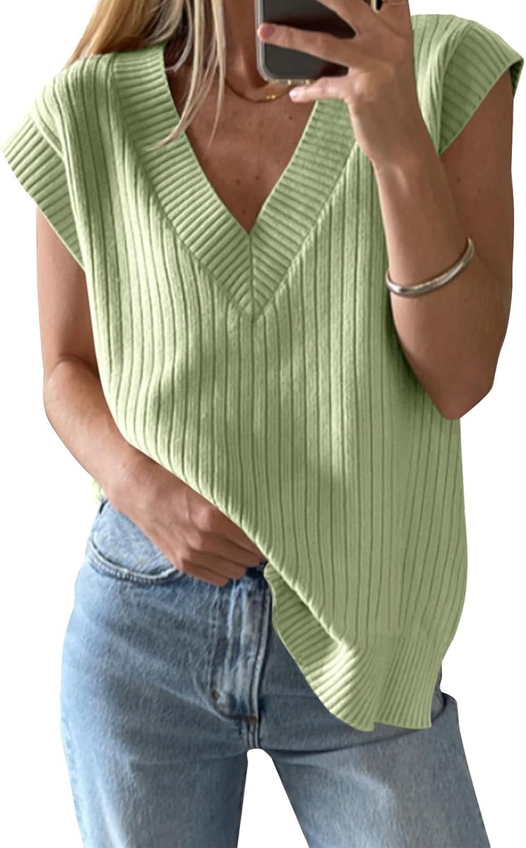 Dames V-hals pullover vest oversized mouwloos tanktops lichtgewicht gebreide trui zomer elegant bovendeel