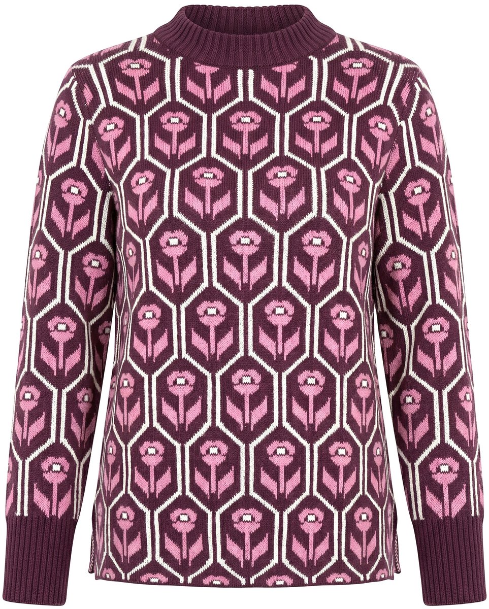 Ulla Popken - Dames - Trui bloemen opstaande kraag lange mouwen - Bordeaux - Maat 42+